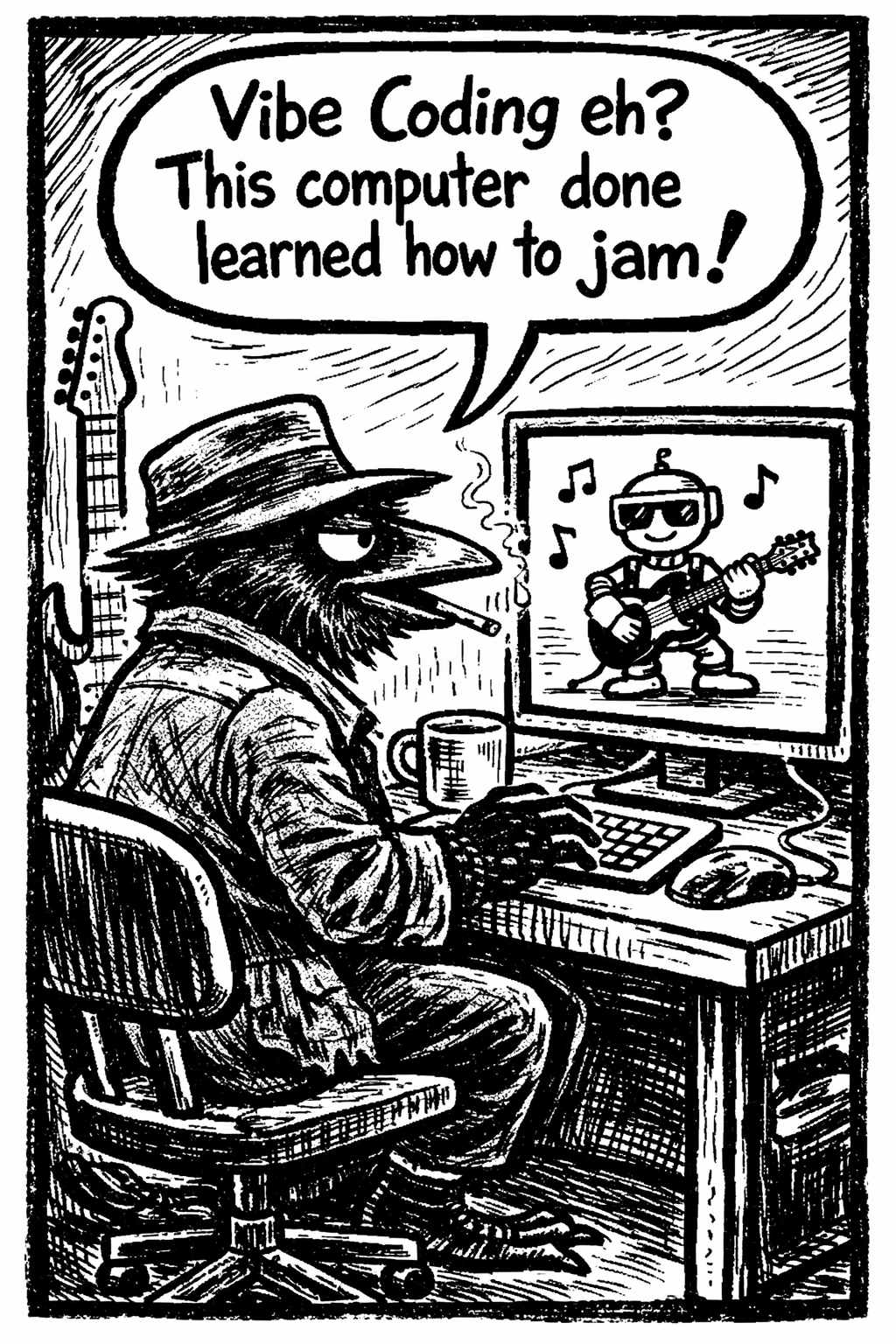 Crow Joe in the Age of AI comic - Crow Joe the blues playing crow is sitting down at his desktop computer.  crow joe''s electric guitar is in the background.  on the screen is a robot playing guitar.  crow wryly amused while smoking a cigarette. he says 'Vibe Coding eh? this computer done learned how to jam!' vibe coding is like an improvised blues jam